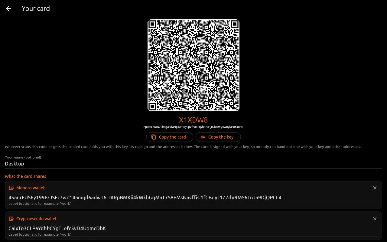 Contact card as a QR code with callsign, key and shared addresses