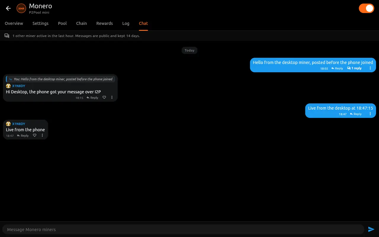 A coin's chat room on the desktop