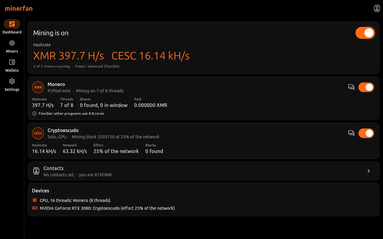 The minerfan dashboard with two miners running, one on the CPU and one on the GPU