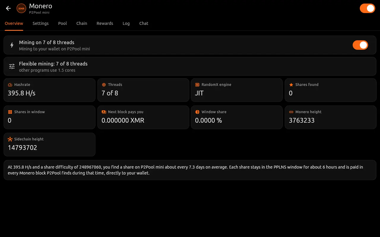 CPU miner overview with hashrate, threads, RandomX engine and shares