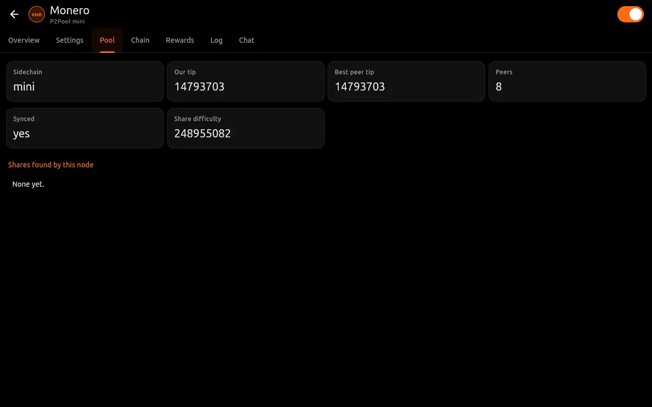 P2Pool node status: sidechain, tips, peers and share difficulty