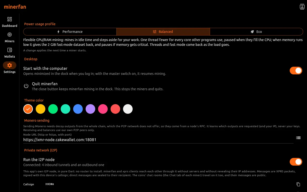 Settings with power profiles, theme colors and the private network