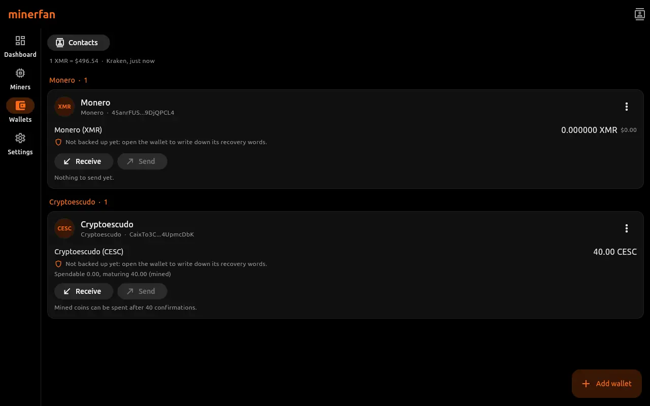 Wallets, one per coin, with mined coins waiting for confirmations